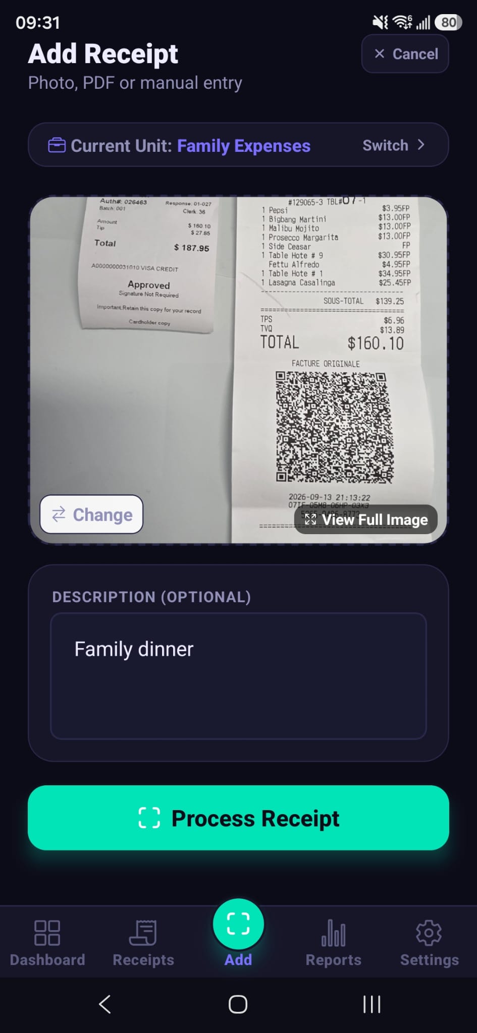 Expense Proof receipt scanning screen