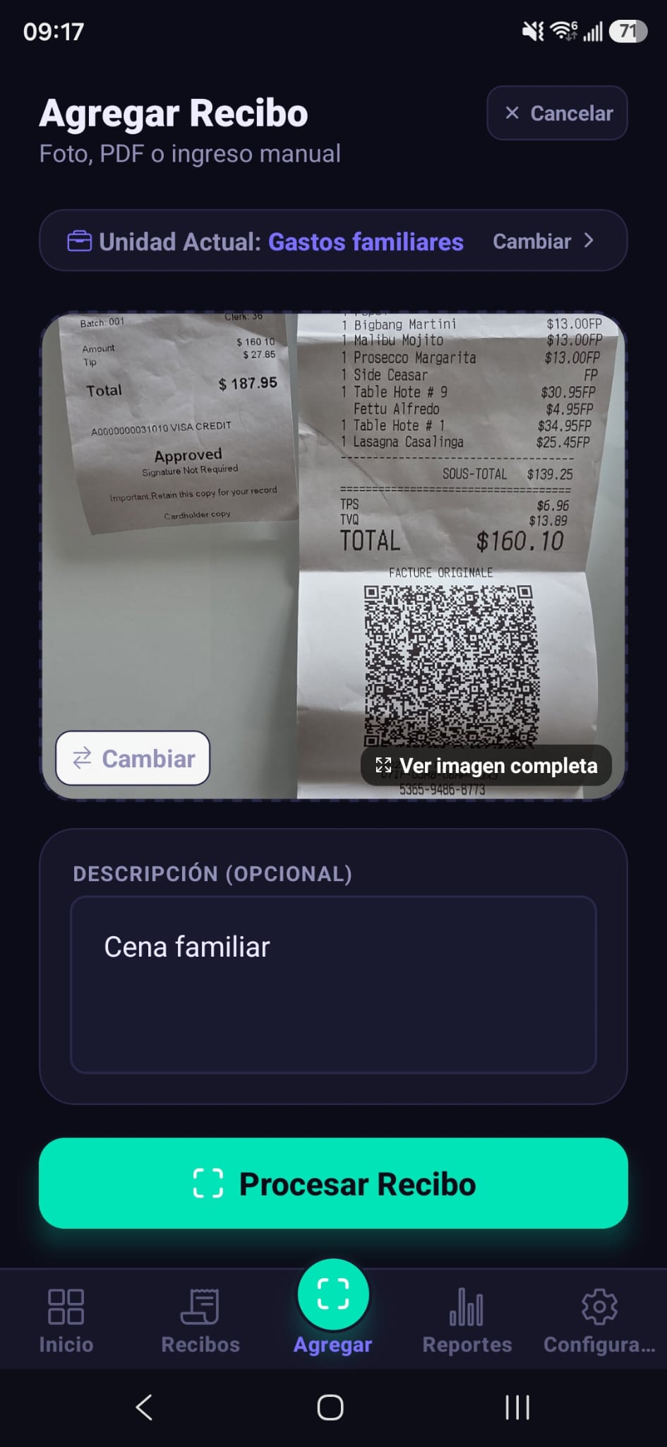 Pantalla de escaneo de recibos de Expense Proof