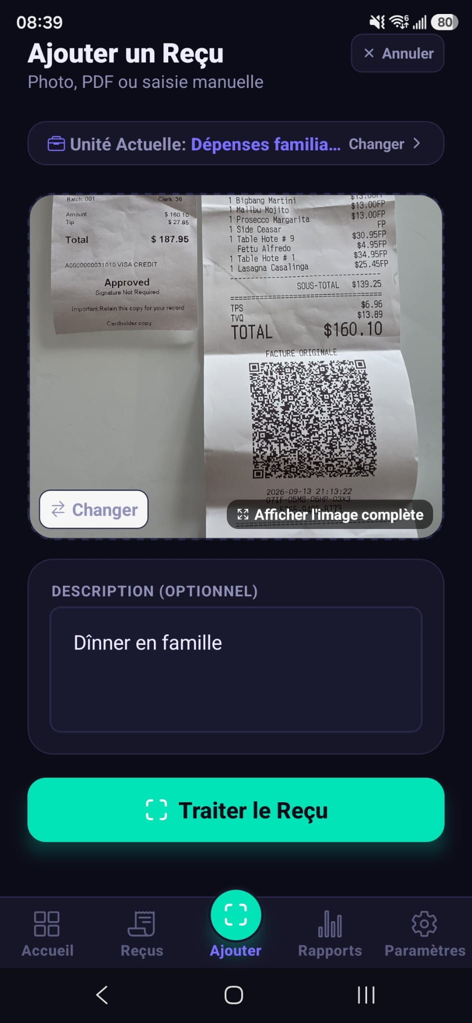 Écran de numérisation de reçus Expense Proof